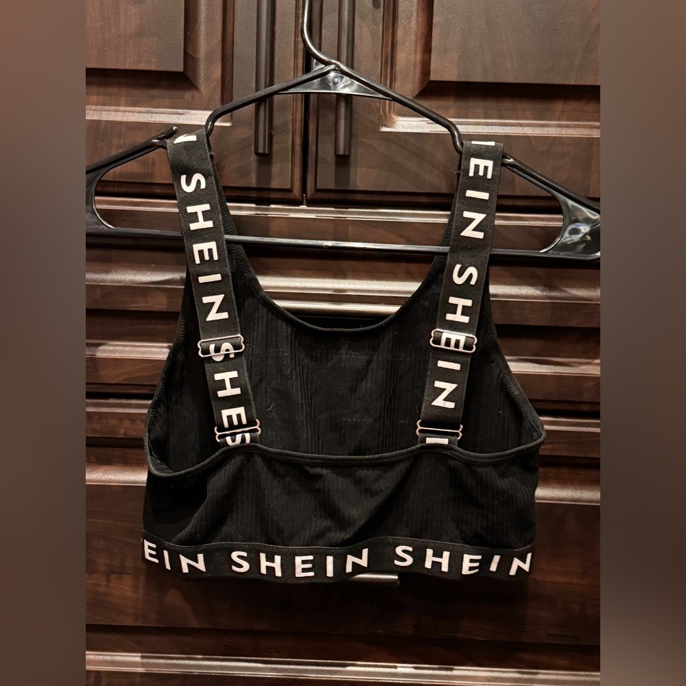 SHEIN Black Ribbed Logo crop top sports bra MEDIUM adjustable straps - Picture 2 of 5